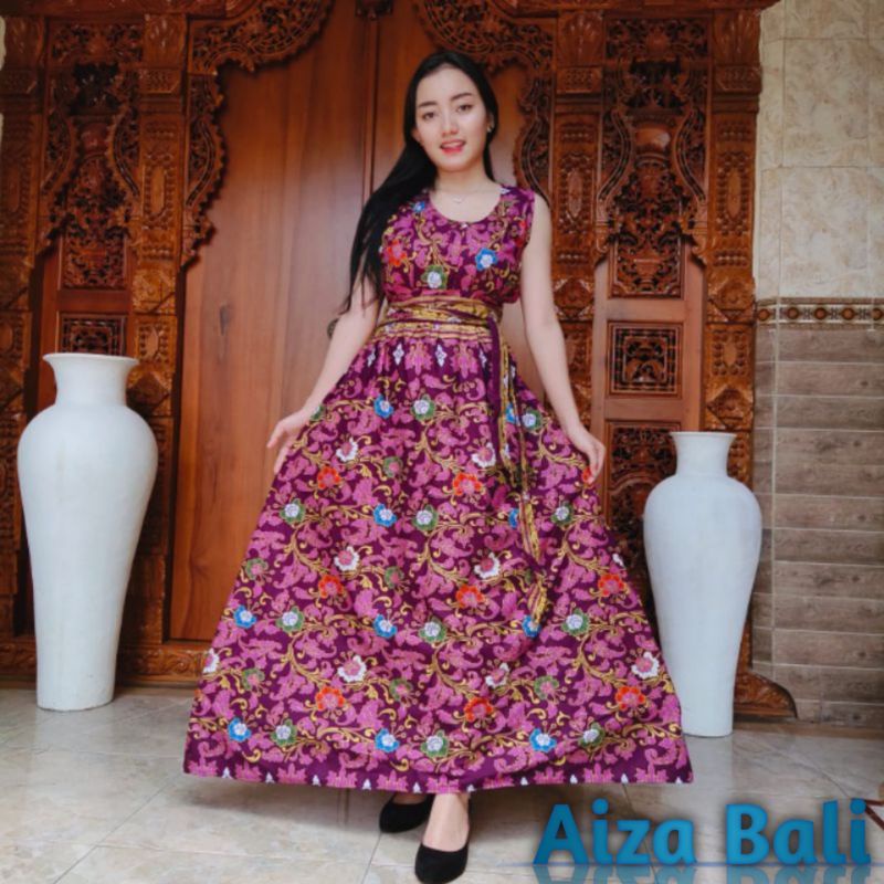 Dress Daster Panjang Puntung Motif Batik Bunga Lengan Pendek Katun Super Premium Bali Terbaru Kekini