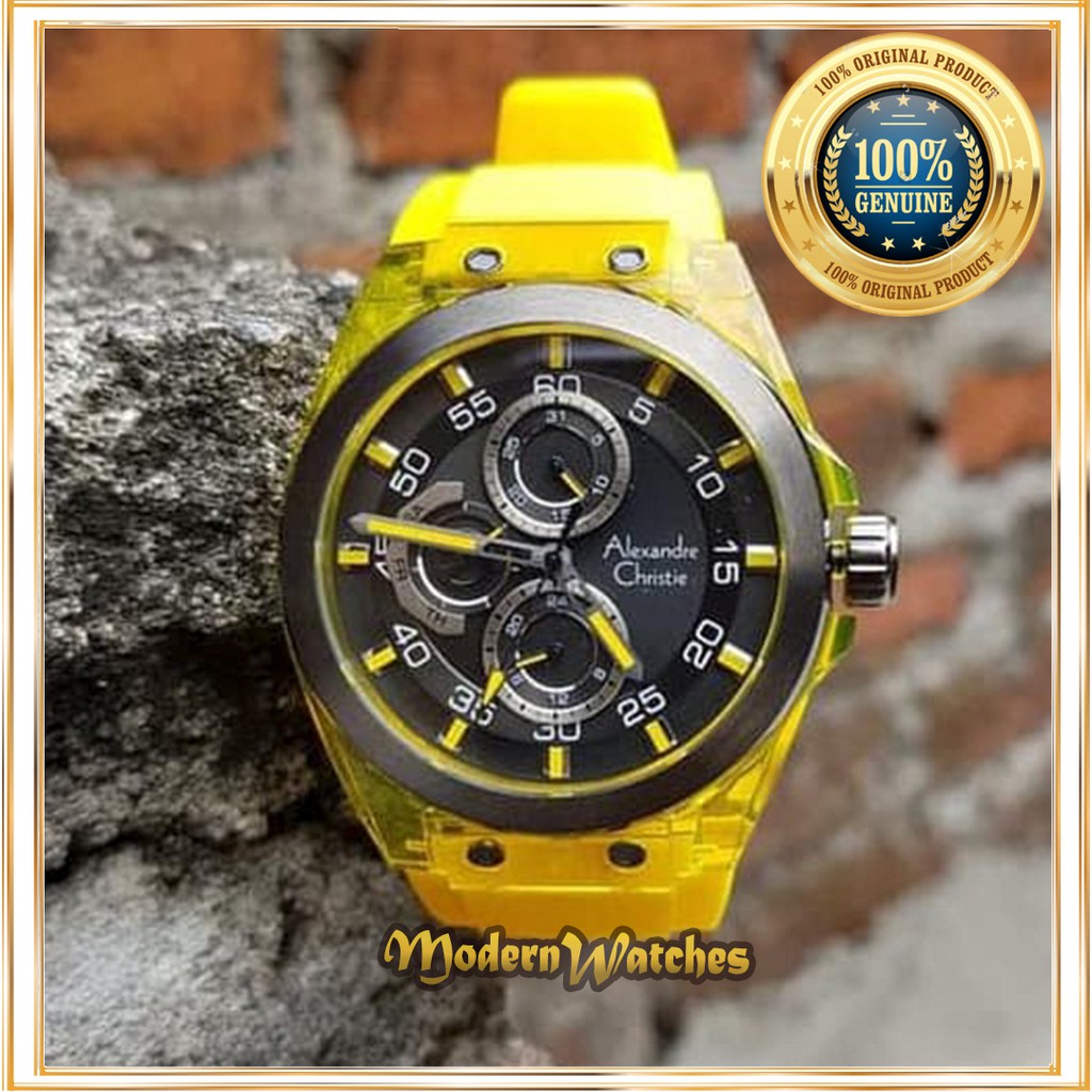 Jam Tangan Ori Alexandre Christie Pria AC 6546 Yellow Black Hitam Kuning Terbaru Tali Karet Jam Cowo