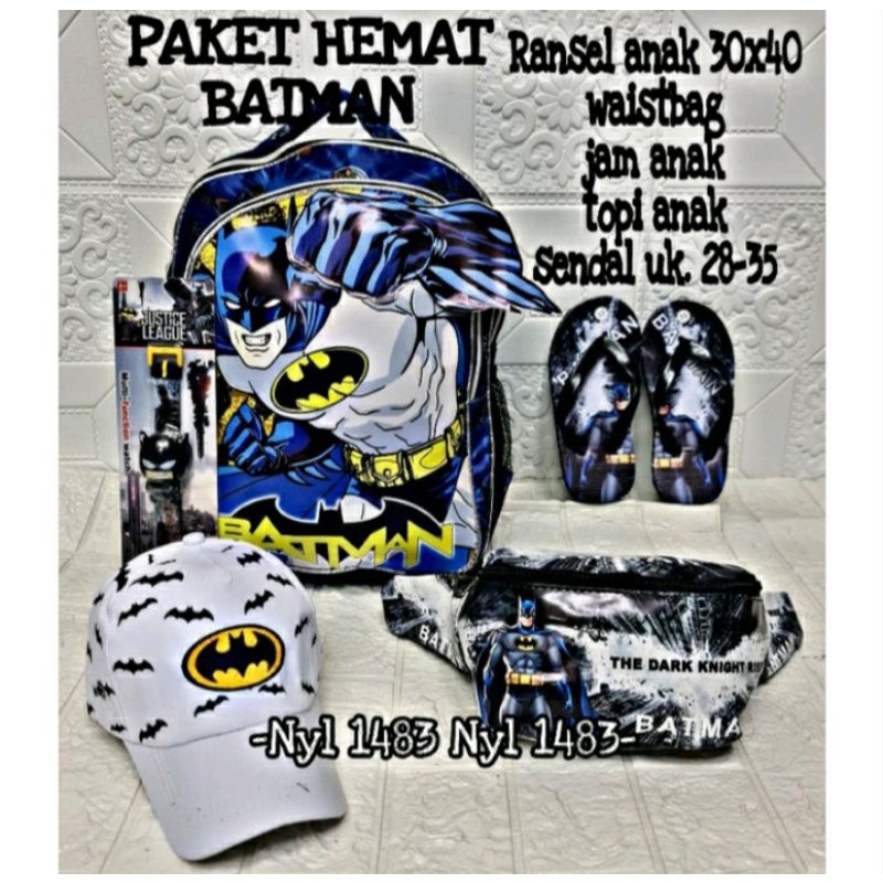 Tas Ransel anak sekolah Paket hemat 5in1 /3 in 1 Ransel Batman+topi+jam tangan