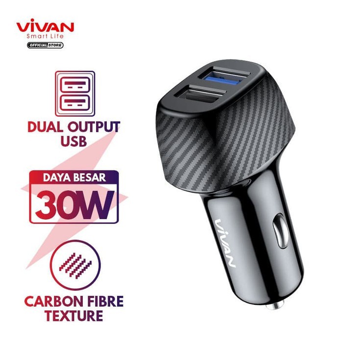 plug in VIVAN Car Charger Mobil CC02Q 30W Dual Port USB-A 3A Quick Charge 3.0 Garansi Resmi