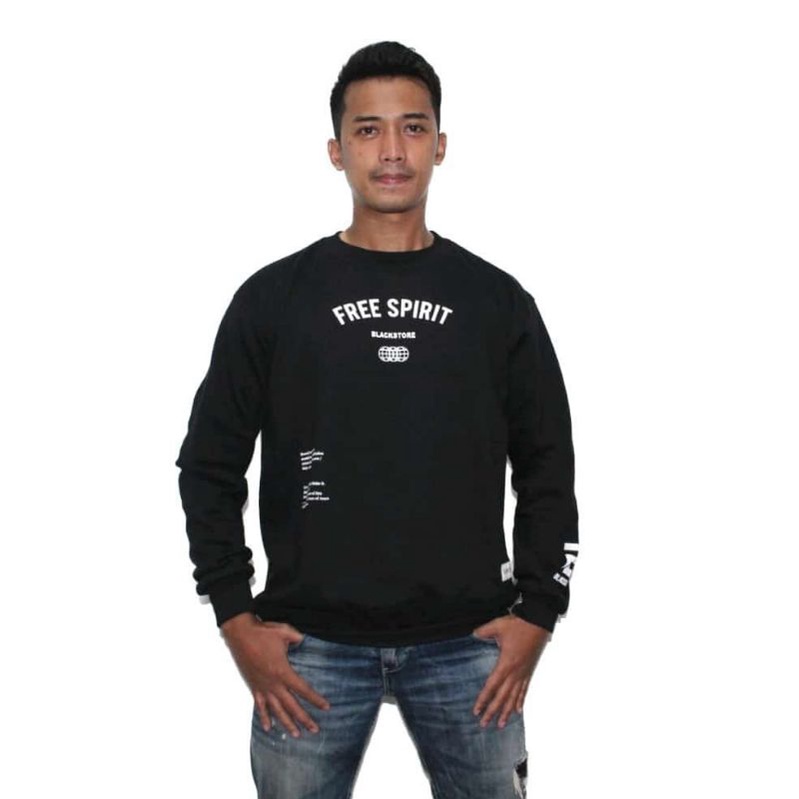 Crewneck Black Free Spirit Motif Keren Simpel Pria dan Wanita Premium Quality