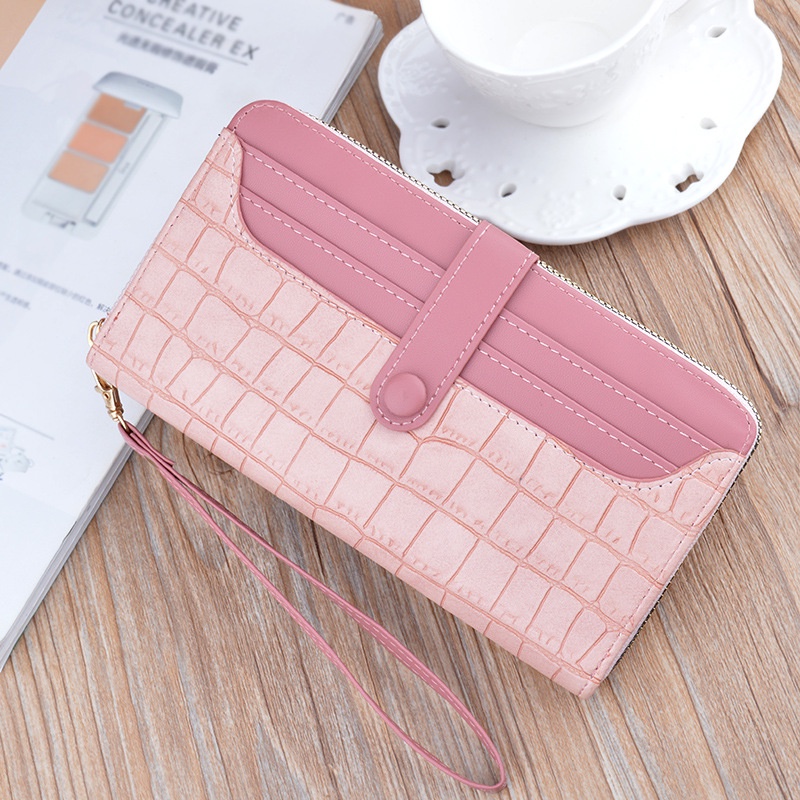 DOMPET PANJANG WANITA KOREA PREMIUM IMPORT TALI PENDEK KULIT PINK CROCO WHELMA WA541P3 SLOT KARTU UANG KOIN RESLETING FASHION CEWEK MURAH BATAM BRANDED