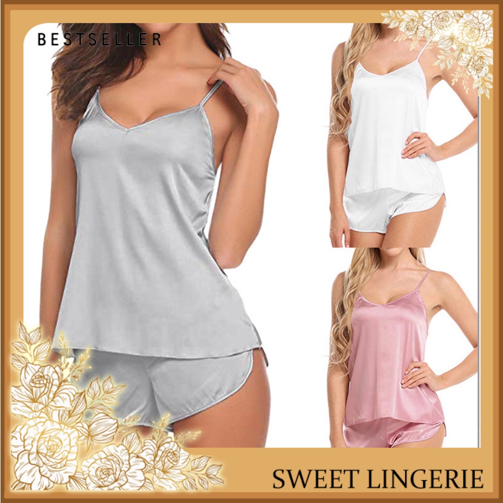 Setelan Baju Tidur Simple Celana Pendek Model Satin Polos Setelan Set Baju Lingeri Lingerie Tidur  D