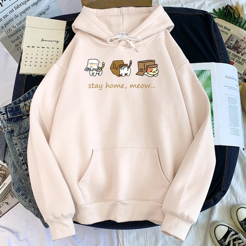 STAY HOME MEOW HOODIE WANITA - ATASAN JUMPER LUCU  TERLARIS