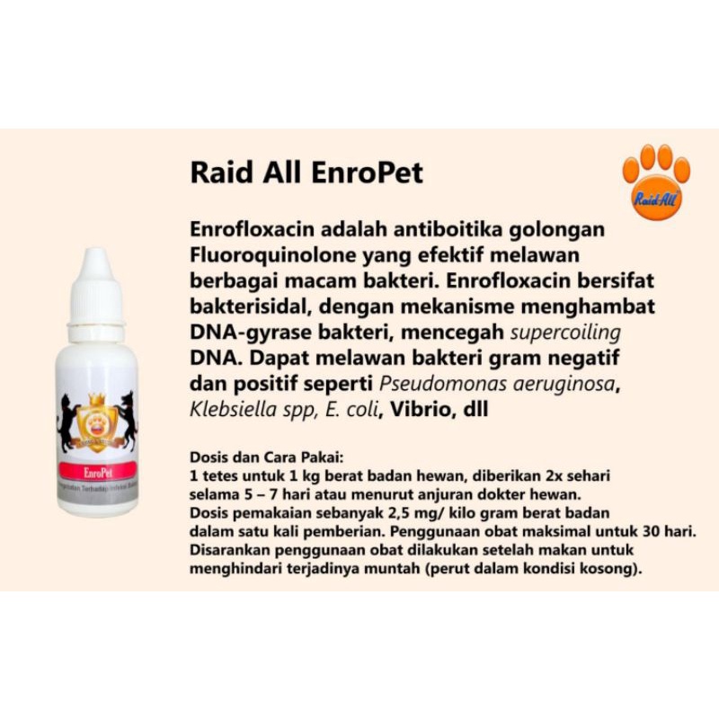 Enro Pet Raid All 30 ml Antibiotik Bakteri Menghambat DNA Gyrase Bakteri Pseudomonas Aeruginosa Klebsiella E coli Vibrio Cat Dog 30 ml