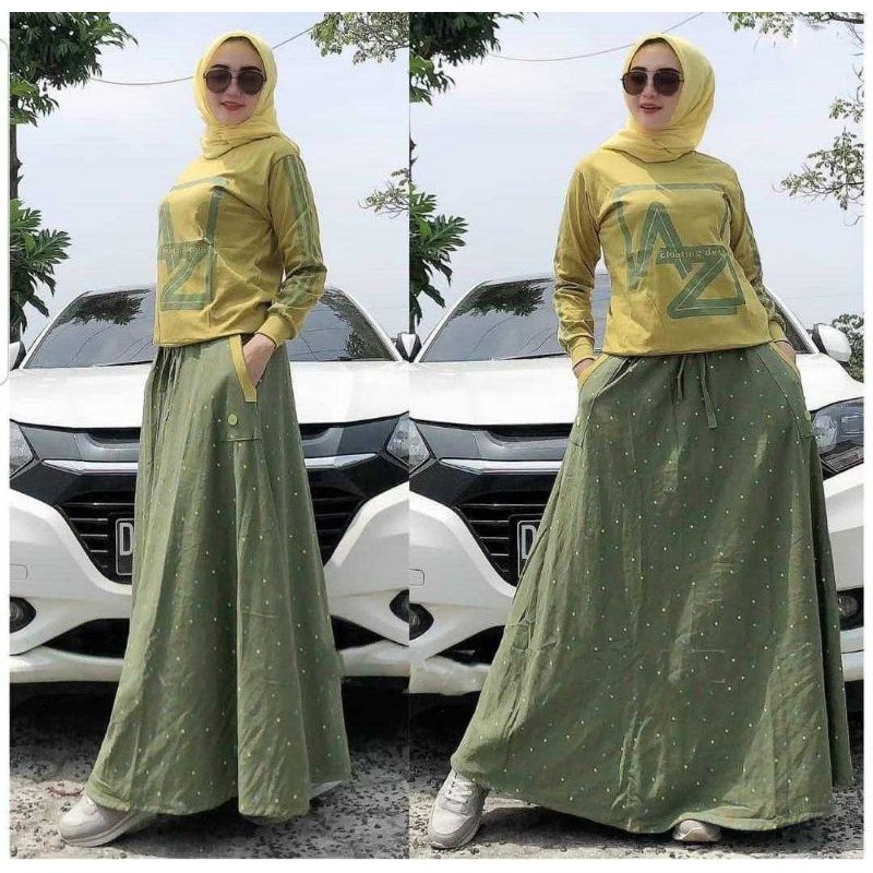 AZ NEW SET ROK BLOUSE BAHAN BABYTERY PINGGANG KARET KANTONG KANAN KIRI / SET ROK FASHION / SETELAN ROK WANITA-AZ Mustard-army