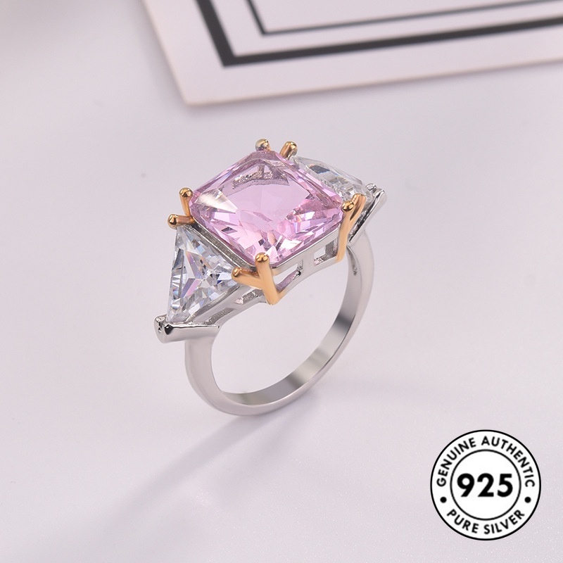 Cincin S925 Silver Bentuk Kotak Aksen Berlian Warna Pink