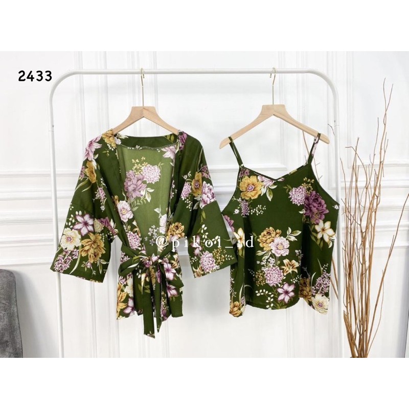 Kimono set summer / cardigan bunga wanita / floral blouse satin / tanktop pantai 2 in 1 camisole 243