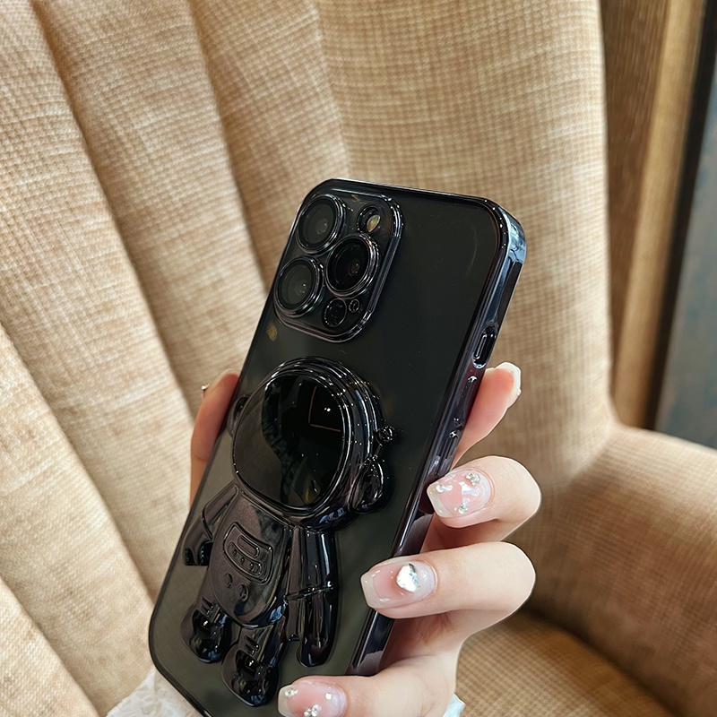 Case Transparan Electroplated Dengan Lensa Film Dan Stand Drop Astronaut Untuk iPhone 14 Plus 14 Pro max 13 12 11 Pro max