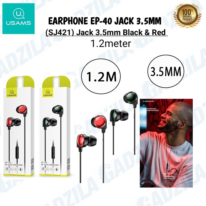 USAMS EP-40 IN-EAR EARPHONE HANDSFREE HEADSET JACK 3.5MM WITH MIC 1.2M