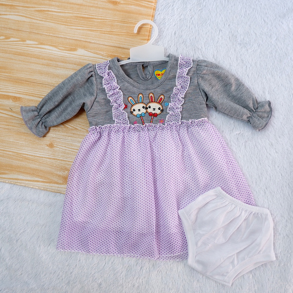 Stelan 6-18 Bulan Dress Lengan Panjang Tile & One Set Celana Dalam Anak Bayi Cewk Perempuan.-1