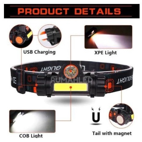 Alat Headlamp Senter Kepala Lampu LED USB Recharger High Power [ALT18]