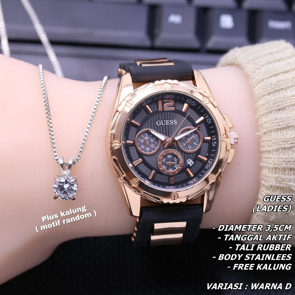 JAM TANGAN WANITA GUESS TALI RUBBER BODY BULAT TANGGAL AKTIF FREE KALUNG