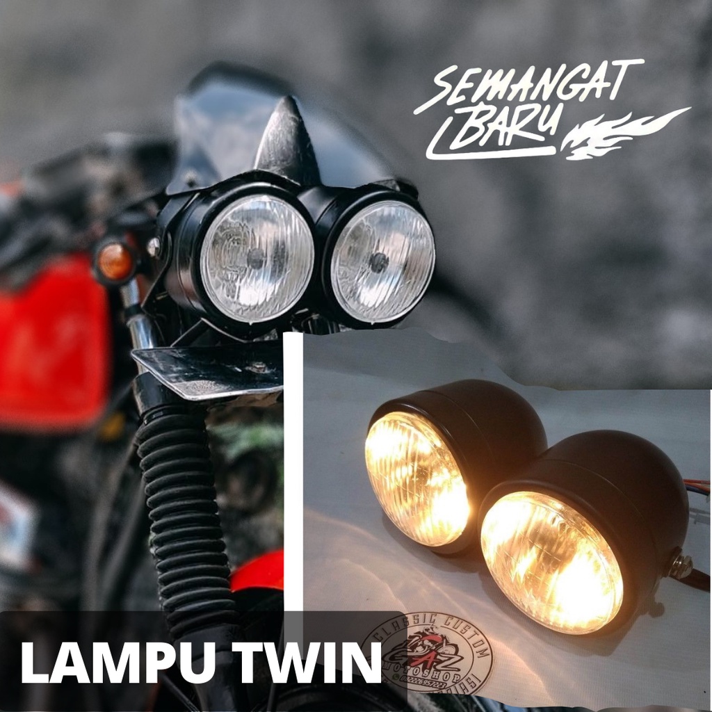 HEADLAMP TWIN CAFERACER LAMPU DEPAN DOUBLE HEADLAMP REFLEKTOR DOUBLE BULAT HITAM LAMPU DEPAN DOBEL C