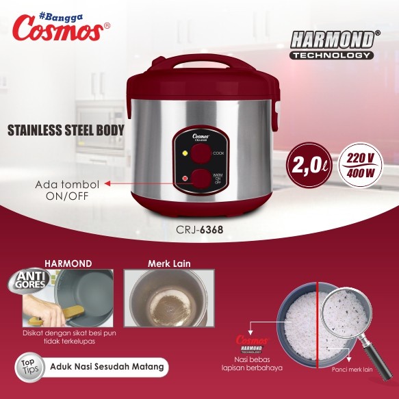 Magic Com Cosmos Harmond CRJ-6368 Anti Gores Garansi Resmi | Penghangat Penanak Nasi Rice Cooker Magikom CRJ 6368 Magicom Magickom Mejikom