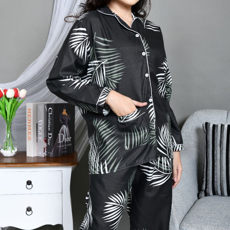 Baju Tidur Piyama Wanita/Cewek Pajamas Dewasa Katun Motif Daun Big Coco PP Lengan Panjang Kekinian