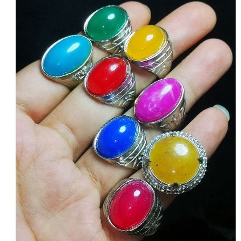 Cincin Batu Akik Warna Warni dengan Ring Alpaka Perak Model Tanam