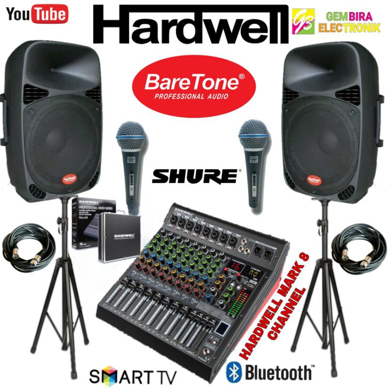 Paket Speaker Aktif 15 inch Baretone 15MB 8 channel mixer Hardwell Ori