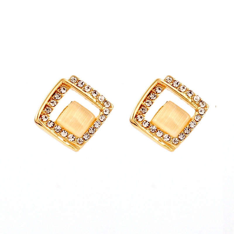 Anting s925 silver needle Bentuk Persegi Aksen Batu Mata Kucing Berlian Gaya Korea Untuk Musim Semi Dan Panas
