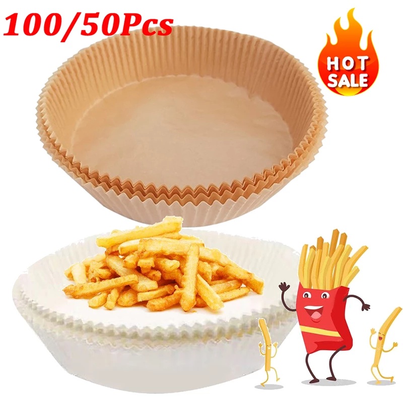 30 / 50 / 100Pcs Kertas Alas Panggang Air Fryer Sekali Pakai Anti Lengket Tahan Air Ukuran 16 / 20cm Untuk Dapur