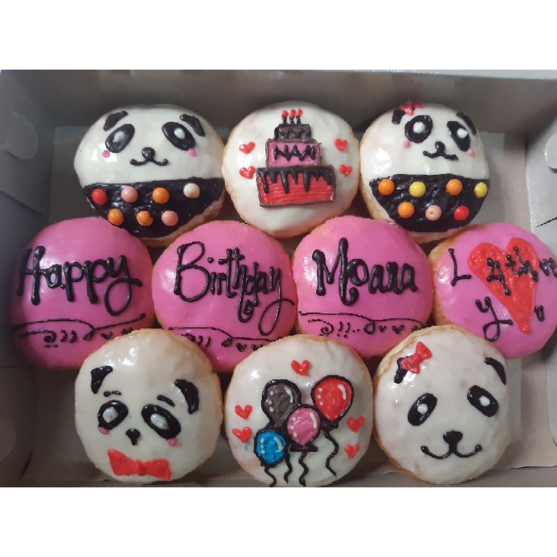 Donat ultah ,donat lukis, donat karakter panda isi 10