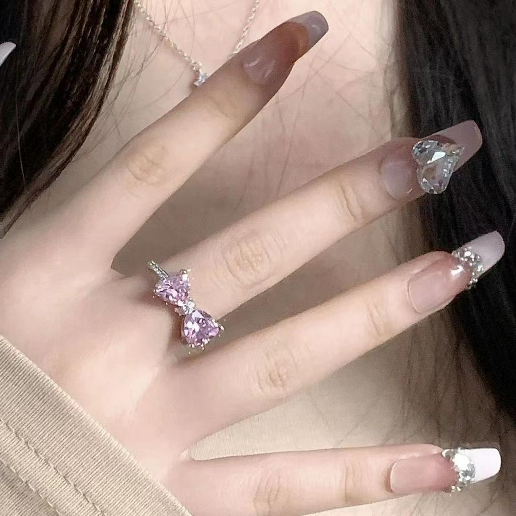 Wanita Cincin Merah Muda Cincin Berlian Elegan Busur Putri Manis Sederhana Aksesoris Perhiasan