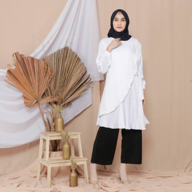 TUNIC PLISKET CLEAR WHITE FIT TO L CANTIK REAL PICTURE