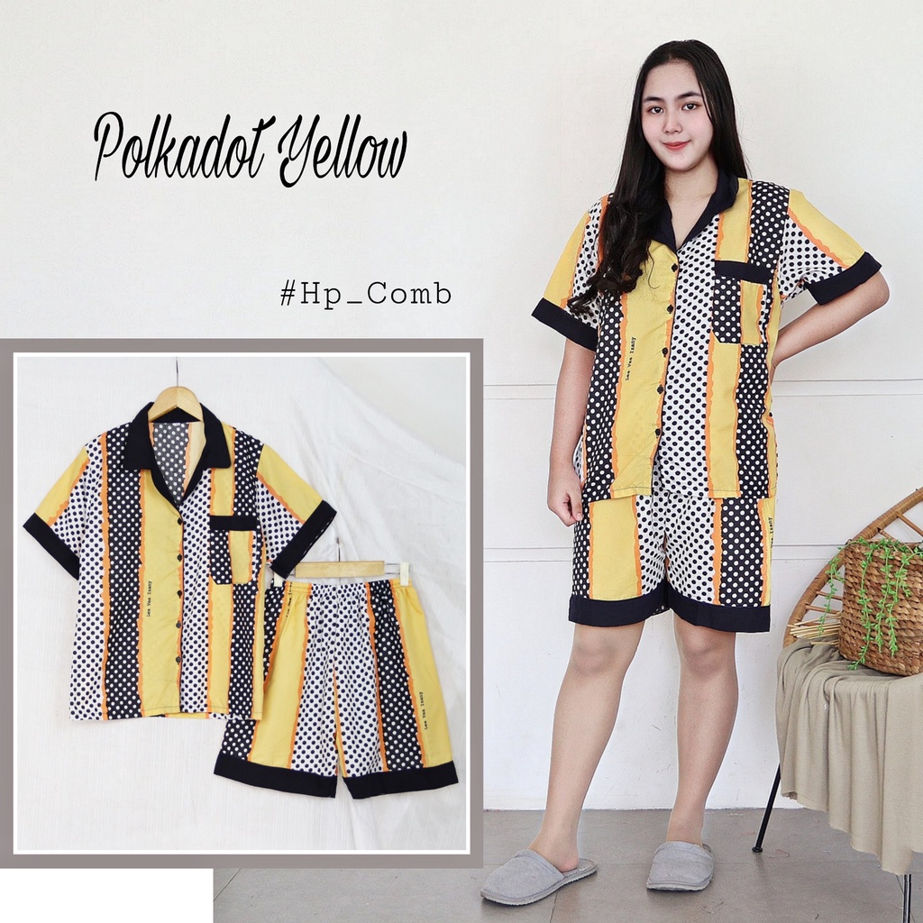 IZANY Piyama Dewasa Hotpant Combina Allsize / HP  Combina Saten Apple LD 100-POLKADOT YELLOW 003