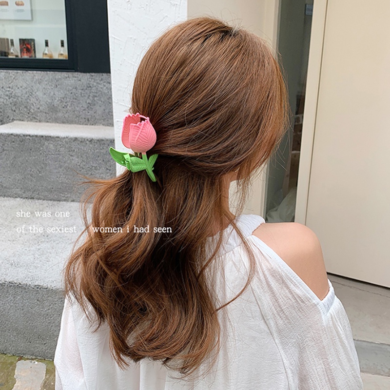 Jepit Rambut Bentuk Bunga Tulip Warna Pink Bahan Alloy Untuk Wanita