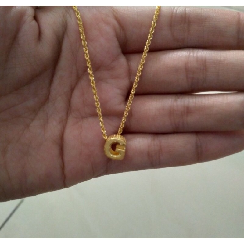 set kalung dan liontin inisial huruf G balok elegant emas asli