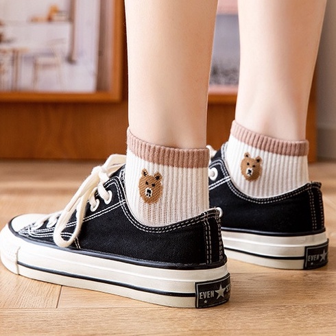 [littlecrab] Kaos Kaki Bear Chocolate Cute Women Socks Import Kaos Kaki Berkualitas Square Brown White Kaos Kaki Beruang Korean Style-8