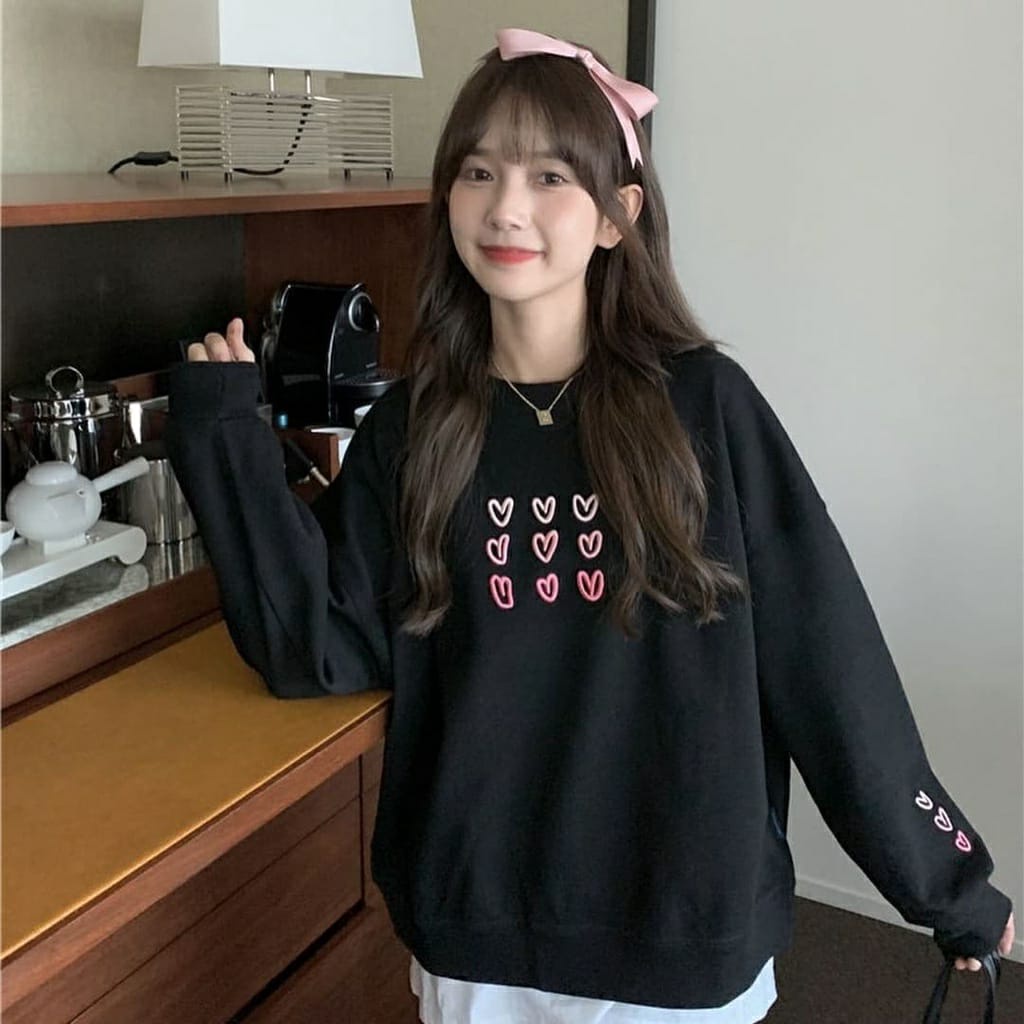 Weijia Fashion OOTD Wanita Sweater NISKA / EMBROIDERY LOVE SWEATER / Sweater Korean Style / Atasan S