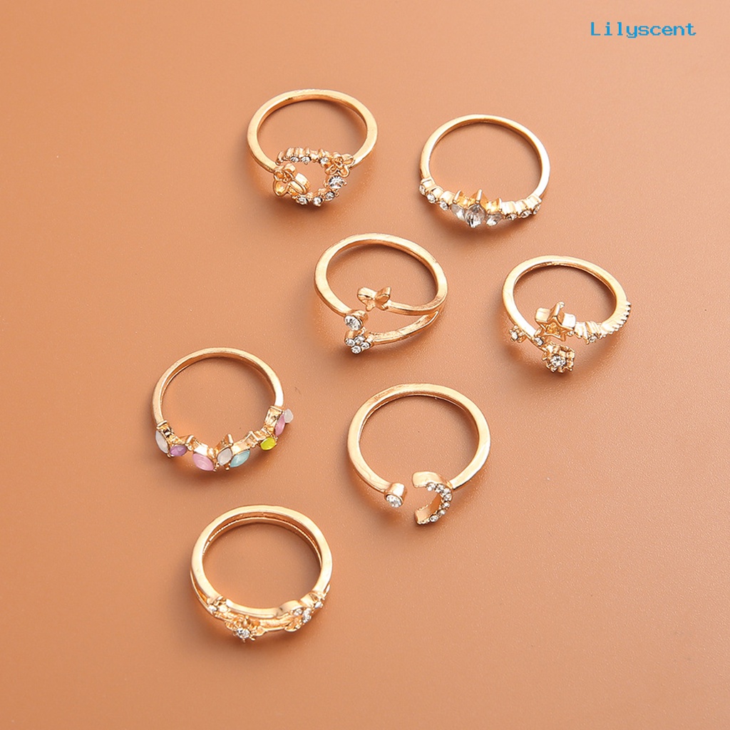 Lc 7Pcs / Set Cincin Model Terbuka Desain Kupu-Kupu + Bunga Nyaman Ringan Untuk Wanita