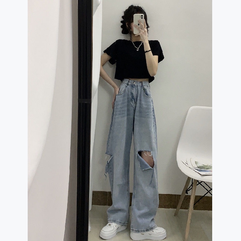 Korean New Women's Loose High Waist Wide Leg pengait celana jeans