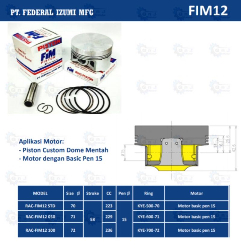 Piston kit FIM Modifikasi Dia. 70 71 72 mm Pen Pin 15 Bahan Mentah-1