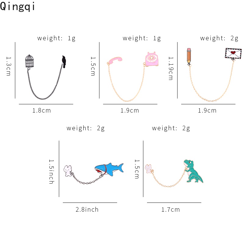 Bros Pin Enamel Bentuk Dinosaurus / Hiu / Burung / Tulisan Love Aksen Rumbai Rantai Untuk Wanita