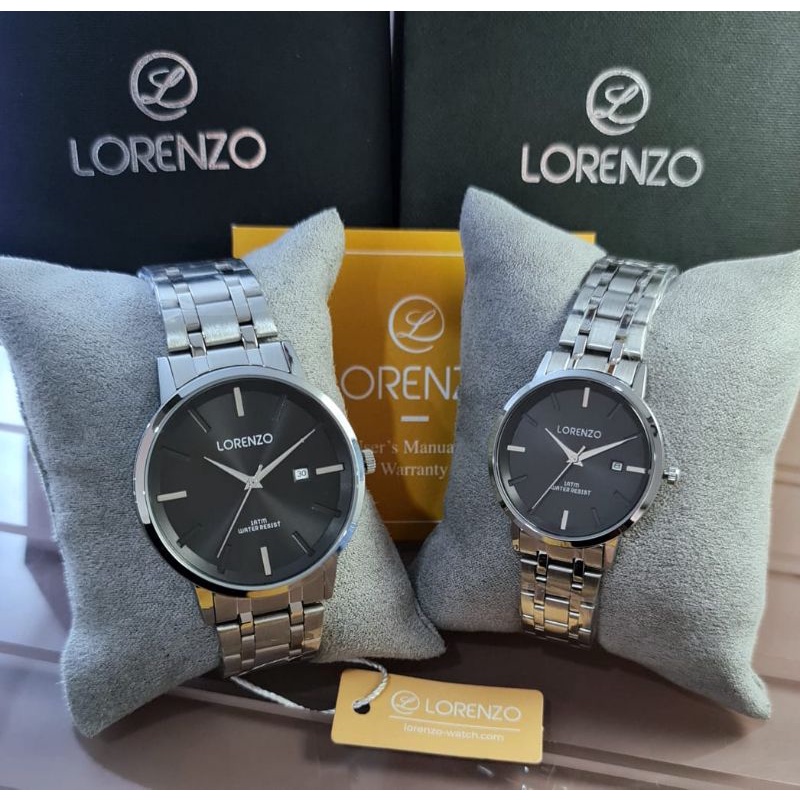 jam tangan couple NEW Lorenzo 5100M & 5100L tali rantai tanggal aktif DM4.1cm & DM3.3cm