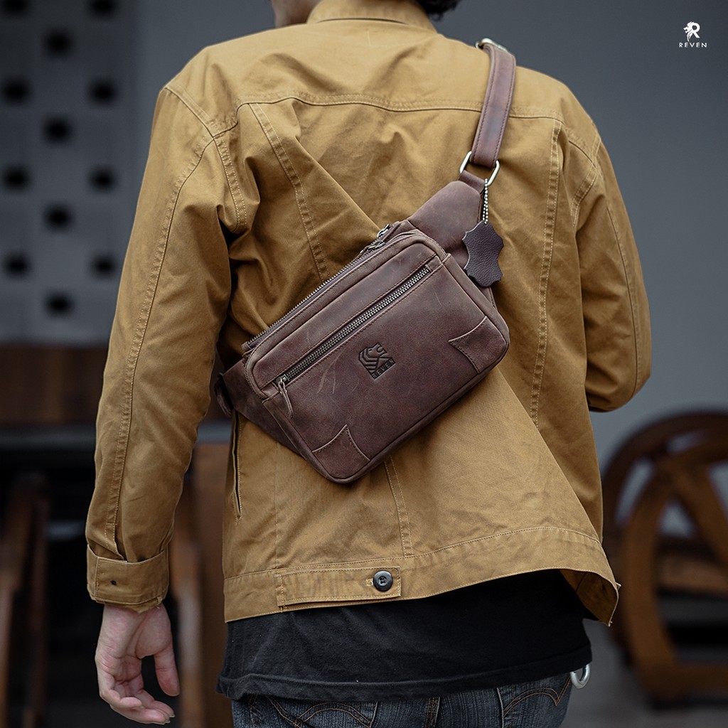 Tas Selempang Kulit Pria Sling Bag Waistbag Cowok Tas Pinggang Pria Kulit Sapi Asli Slempang Original Premium Keren Terbaru Hazar Bag by Crown Leather Crownleather Store