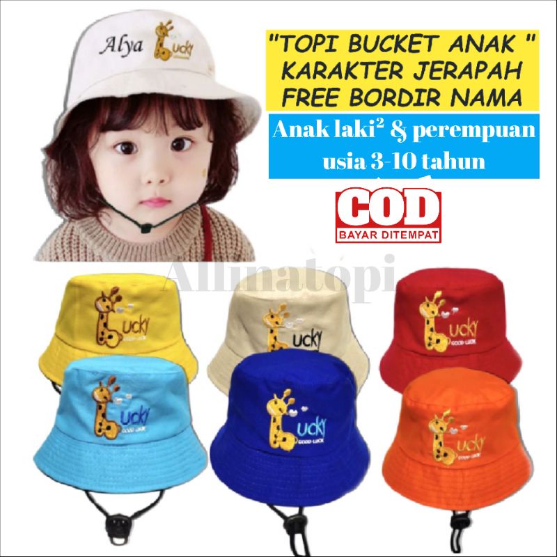 Topi Bucket Anak Karakter Jerapah Free Bordir Nama Topi Anak Laki laki Dan Perempuan Topi Costum Nama