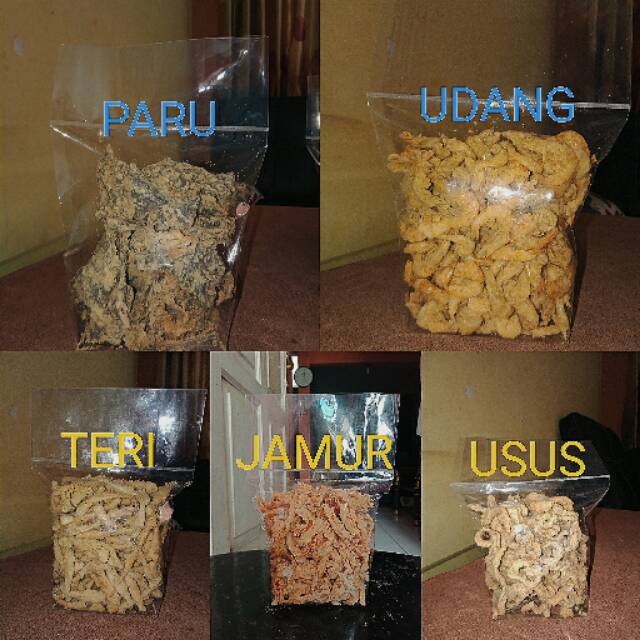 

Keripik jamur,usus,teri,udang,paru