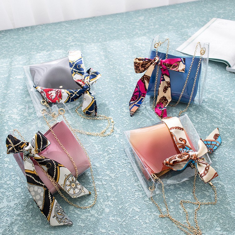 Tas Selempang wanita cewek Bahu Wanita PVC dengan Pita Scarf  Tas transparant