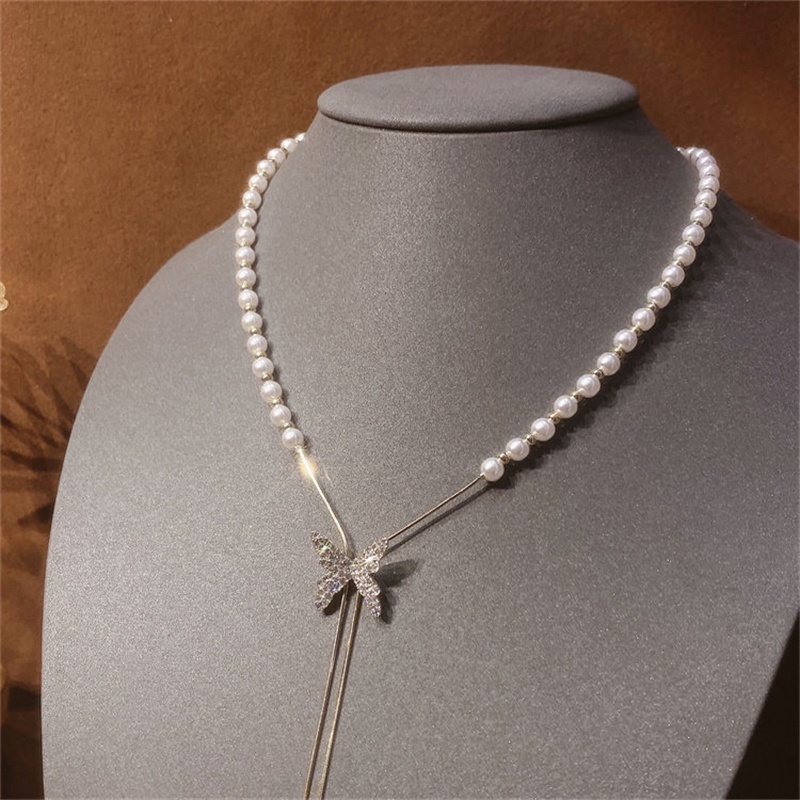 Kalung Rantai silver s925 adjustable Liontin Kupu-Kupu Hias Mutiara Gaya Korea Untuk Wanita