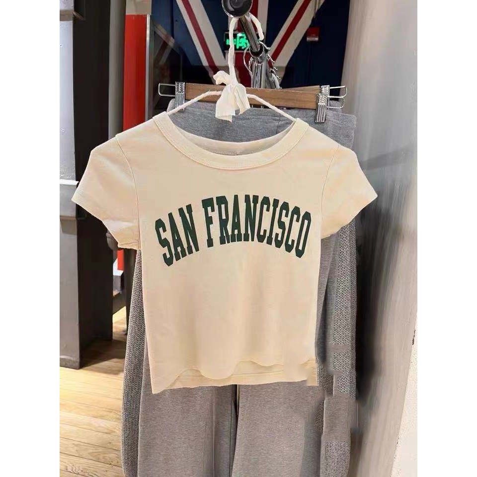 Suhao Tang Yifang situs resmi BM American retro SANFRANCISCO katun lengan pendek t-shirt wanita ins pasang
