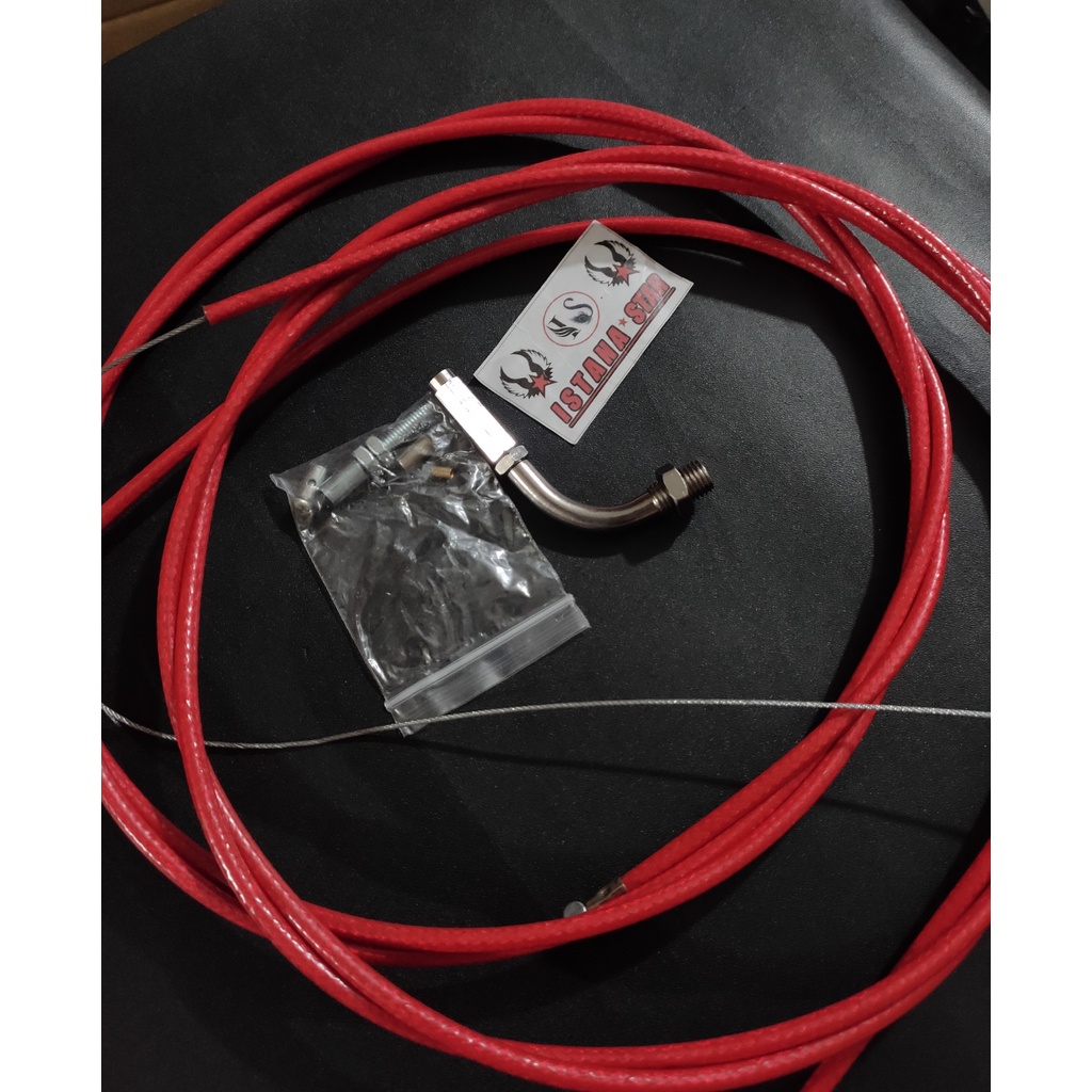 2 PCS Kabel gas merah serat karbon 190cm +stelan L gas.universal semua jenis motor metic/racing merah