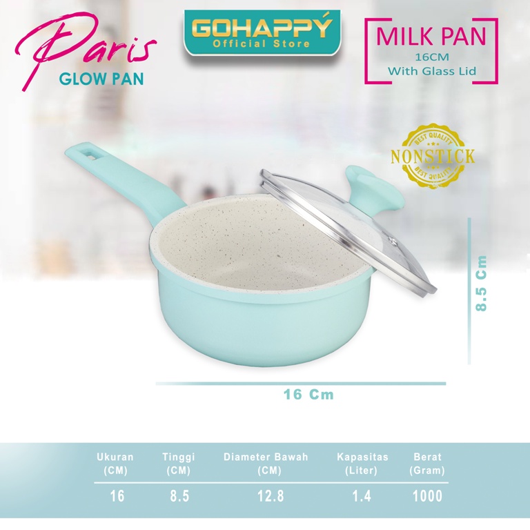 MIZUKI PARIS Milk pan Gohappy Anti lengket white marble GHP02 TOSCA - Panci susu 16 cm Glow pan