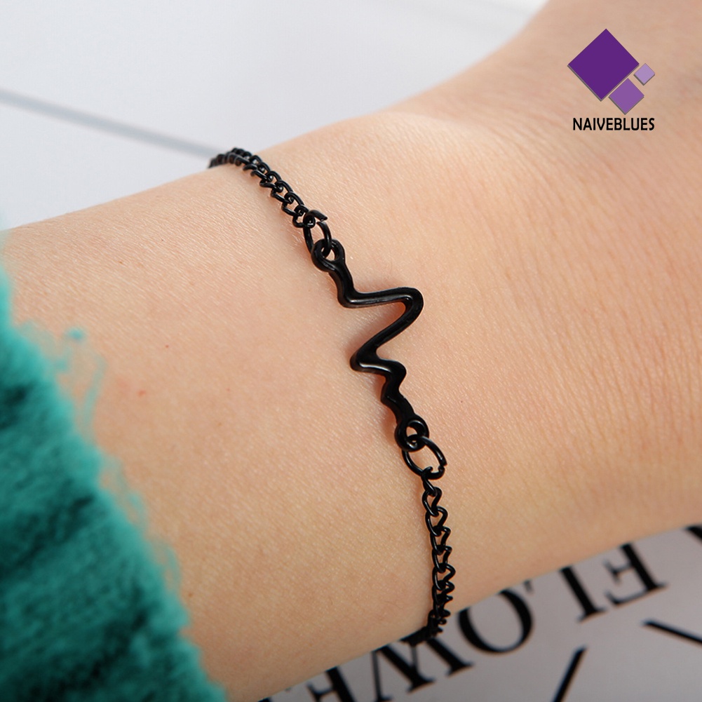 Naiveblue &gt; Gelang Tangan Rantai Adjustable Motif Elektrokardiogram Untuk Pasangan / Pria / Wanita