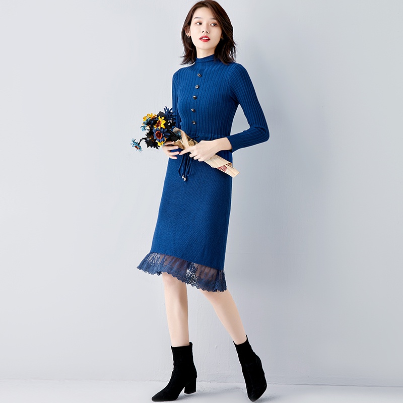 【Elegant】Solid Color Sweater Crew Neck Knitted  Dress 7022