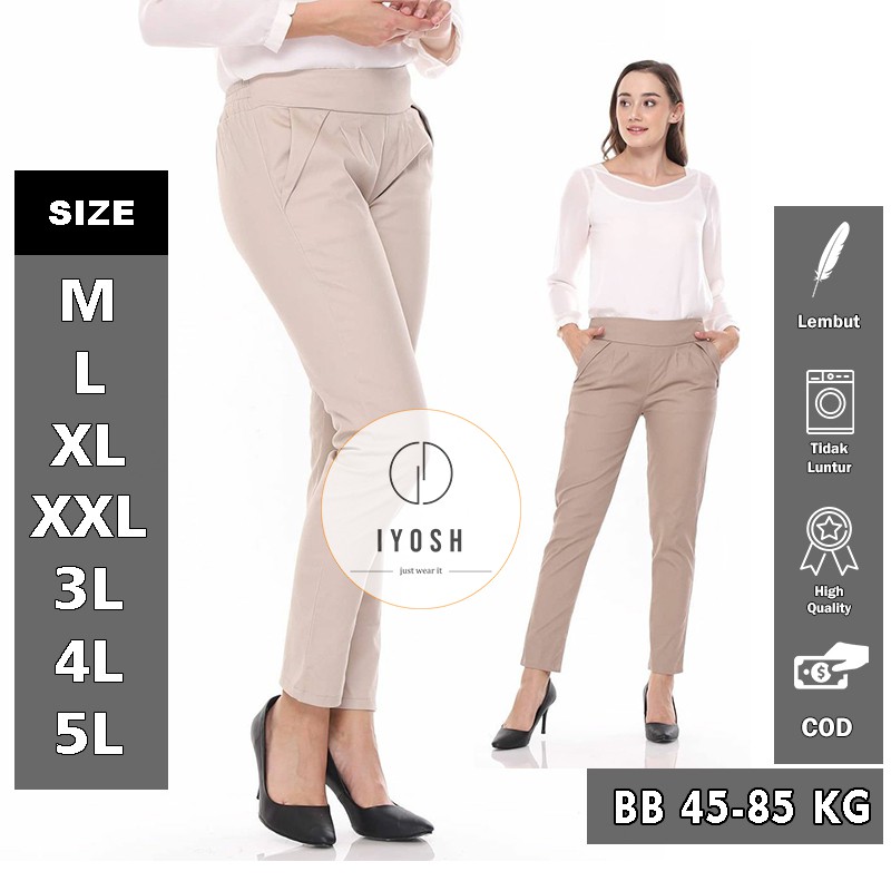 CELANA PINGGANG FULL KARET BB 45 - 85 KG / M - 5L CELANA KANTOR WANITA JUMBO CELANA KERJA ANTI BEGAH