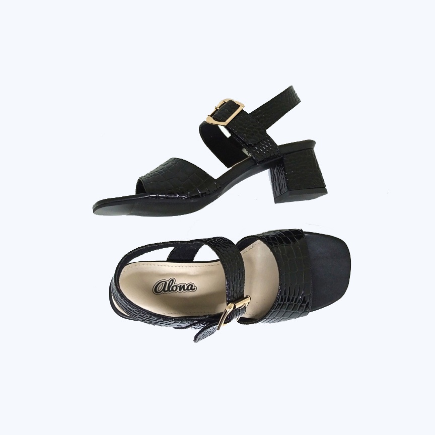 Sandal Wanita Hak tahu 5 cm Ukuran Besar Kaki Jumbo BIG SIZE 41 42 43 44 45 sendal Heels cewek casual pesta formal - Sendal Heel Tali kulit hitam Croco Gesper