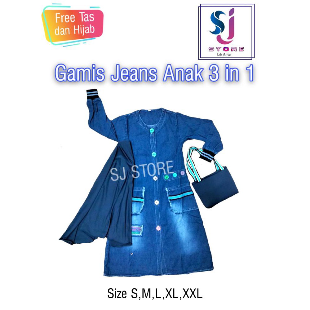 Baju Gamis Jeans Anak Perempuan / Pakaian Muslim Anak Perempuan 3in1 4 Sampai 11 Tahun